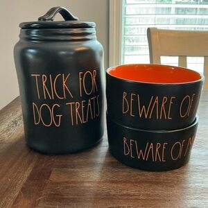 Rae Dunn Halloween Pet Set – Trick for Dog Treats Canister & Beware of Me Bowls
